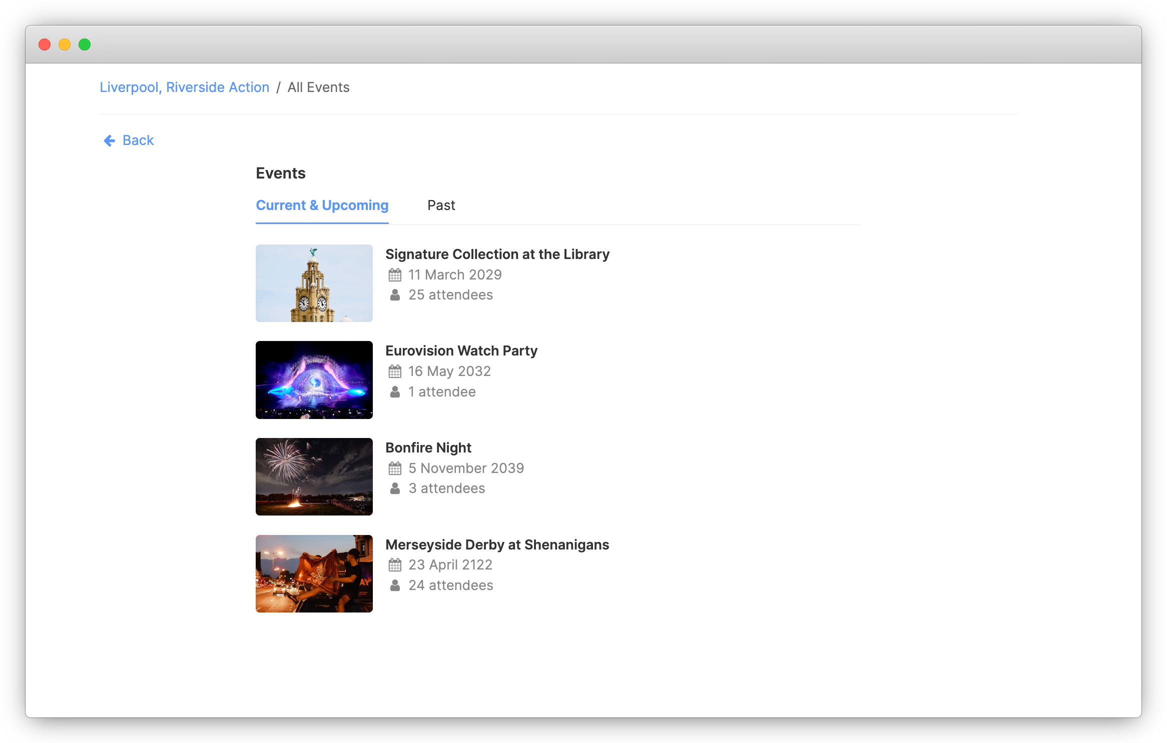 An event page lists four upcoming events