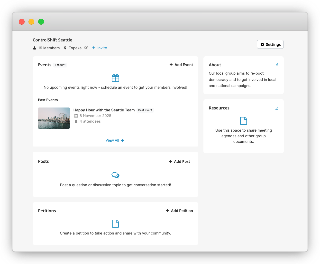 A group page shows prompts to create an event, post a new topic, etc.